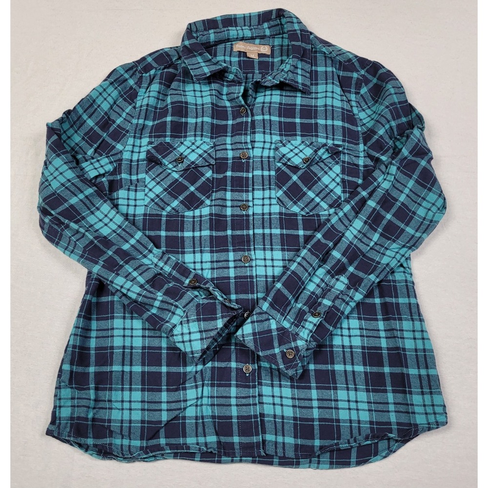 Victory Outfitters Women's Size M Turquoise Navy Plaid Flannel Button-up Shirt
